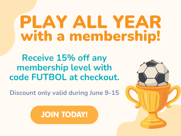 Membership discount pop-up – Play all year! Receive 15% off any membership level with code FUTBOL at checkout. Discount valid during June 9-15.