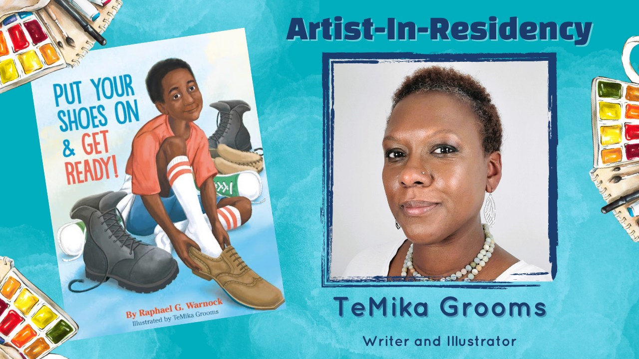 Image of TeMika Grooms and the children's book she illustrated with Raphael Warnock, "Put Your Shoes On & Get Ready!"